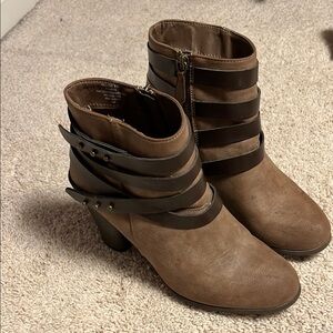 Brown and Black Ankle Boots with Straps and Buckles